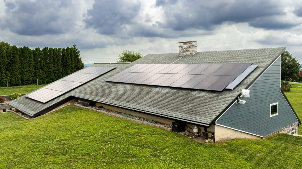 Medium tight shot of a north-facing roof with solar panels in Lancaster, PA