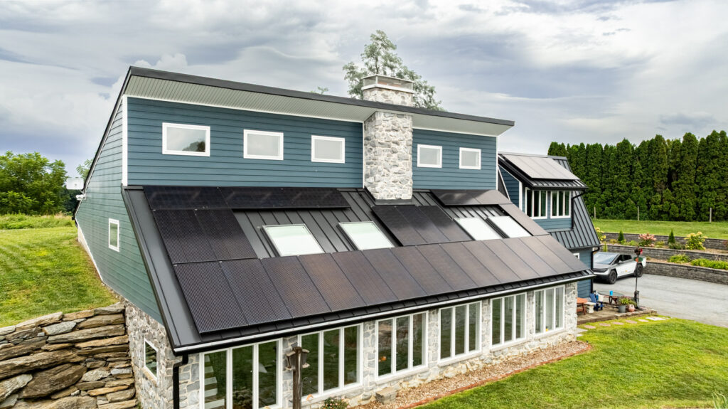 Medium shot of solar panels on the roof of a house facing south in Lancaster PA