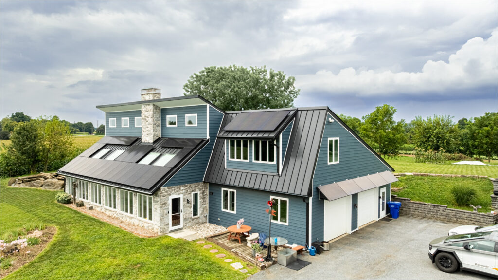 Aerial side shot of home with solar panels in Lancaster, PA