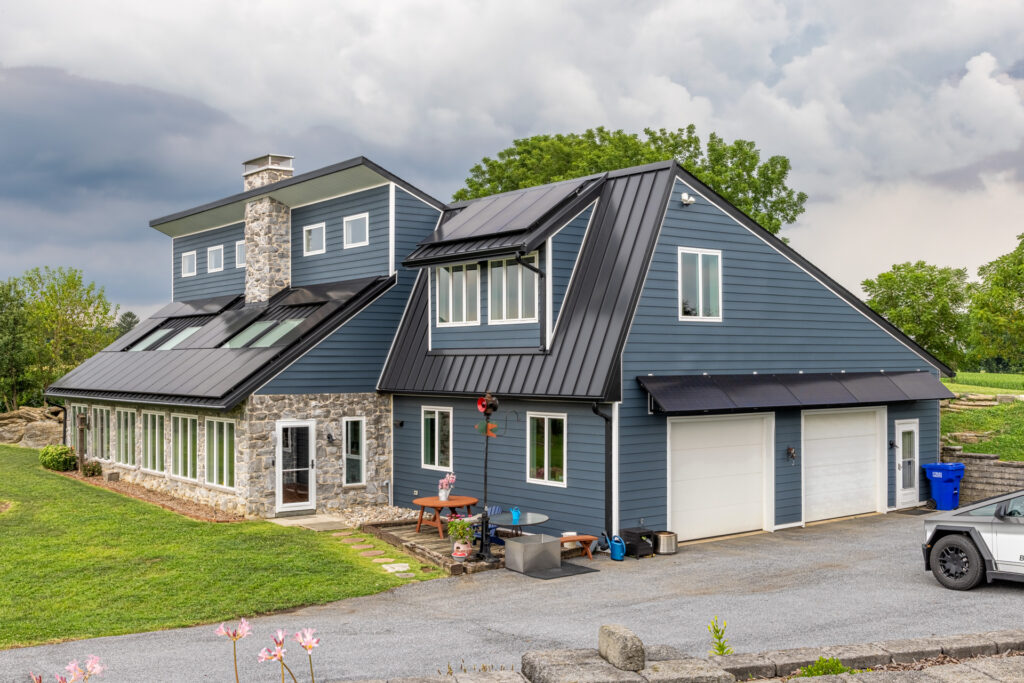 Side angle shot of the front of a house with 33 kw of Solar panels in Lancaster, PA