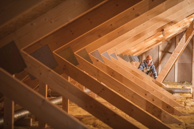 Man insulating attic space, utilizing an energy saving tip